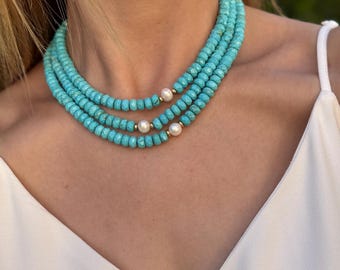 Collar de cuentas de turquesa natural, joya única y llamativa, gargantilla con cuentas de piedras preciosas auténticas de 8 mm, collar bohemio minimalista