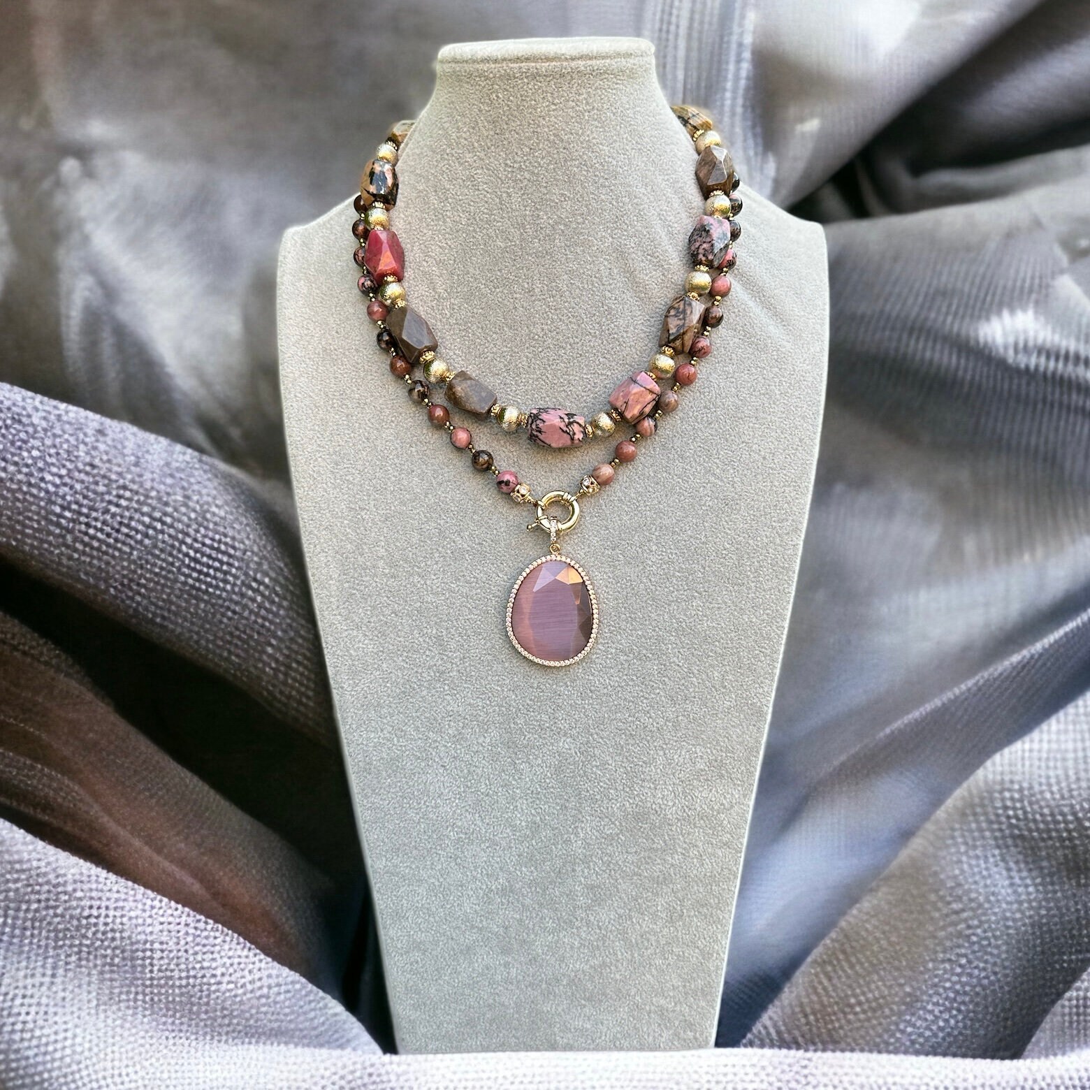 Rhodonite Stone Summer Necklace Unique Design Handmade - Etsy