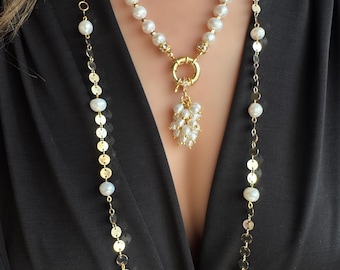 Natural Pearl Necklace: Handmade Freshwater Pearl Jewelry Gift, Unique Brass Chain Jewelry, Dainty Christmas Gifts
