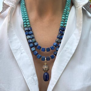 Lapis Lazuli Türkis Statement Kette: Boho Großer Edelstein Schmuck