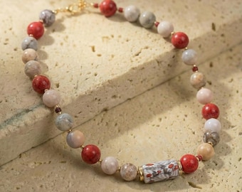 Natural Jasper Beaded Necklace, Real 12MM Brown Red Gemstone Choker, Handmade Ghana Bead Jewelry, Statement Birthday Gift