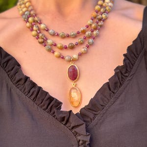Ruby and Yellow Opal Necklace With Handmade Citrine Pendant, Natural Gemstone Statement Layering Jewelry For Her, Limited Design