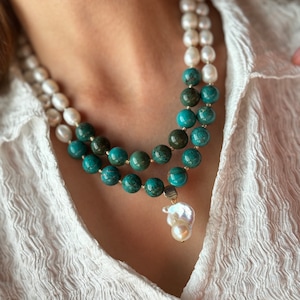 Natural Pearl Jewelry, Pearl and Turquoise Necklace for Women, Beaded Gemstone Necklace, Handmade Birthday Gift for Her