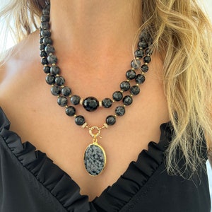 Obsidian Necklace, Beaded Black and Grey Gemstone Necklace, Onyx Jewelry, Birthday Gift, Scorpio Necklace, Handmade Statement Necklace