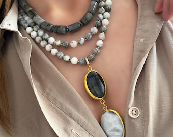 Collar de labradorita: Gargantilla llamativa con gema grande, joyería hecha a mano, regalo ideal para fiestas, aniversarios o para ella.