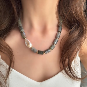 Labradorite & Pearl Beaded Necklace: Gold Plated Gemstone Jewelry
