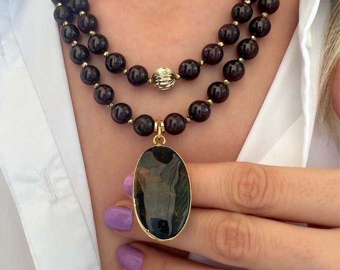 Necklace Beaded Gemstone Jewelry Dark Bordeaux Etsy