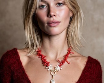 Red Coral Freshwater Pearl Statement Necklace, Mediterranean Goddess Jewelry, Natural Stone Talisman for Confidence Presence