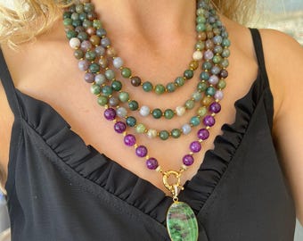 Indian Agate Necklace: Natural Stone Jewelry, Multi strand Statement Necklace, Handmade Ruby Zoisite Pendant Jewelry, Gift for Her