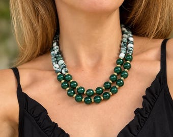 Moss Agate Necklace, Handmade Statement Chunky Jewelry, Green Gemstone Jewelry Gift