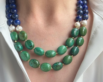 Collar de lapislázuli y turquesa: joyería hecha a mano con piedras preciosas de color azul intenso y verde para mujer, regalo de cumpleaños de piedra natural.
