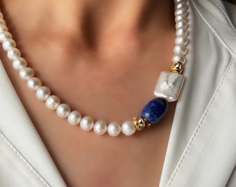 Halskette aus natürlichen weißen Perlen: Handgefertigtes Choker-Halsband aus Lapislazuli, Statement-Schmuckset, einzigartiges Jahrestagsgeschenk, Weihnachtsgeschenk
