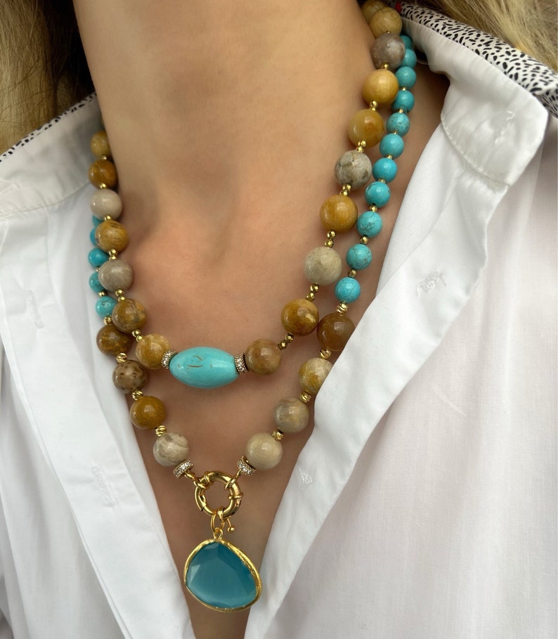 Turquoise and Jasper Necklace Handmade Jewelry Big Bold - Etsy