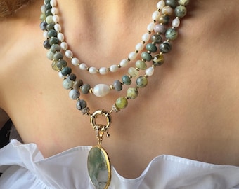 Handmade Agate Pearl Necklace: Multistrand Statement Jewelry, Natural Stone Choker for Women