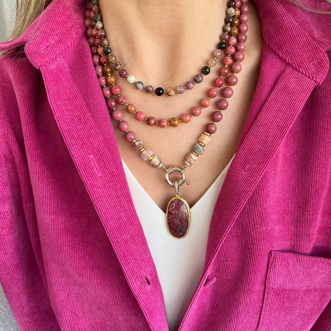 Gemstone Necklace Pink Handmade Jewelry Beaded Rhodonite and Etsy