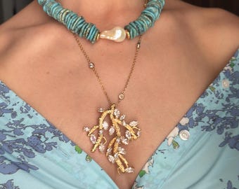 Natural Pearl Necklace: Handmade Blue Turquoise Statement Jewelry, Layering Choker, Gold Chain Necklace