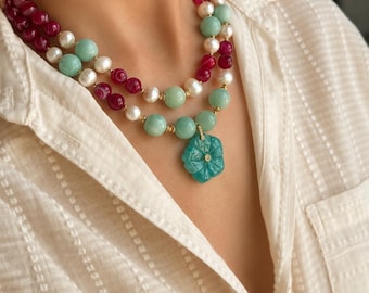 Pink Agate Necklace with Amazonite and Pearls, Handmade Bold Statement Jewelry for Summer, Gemstone Multicolor Necklace