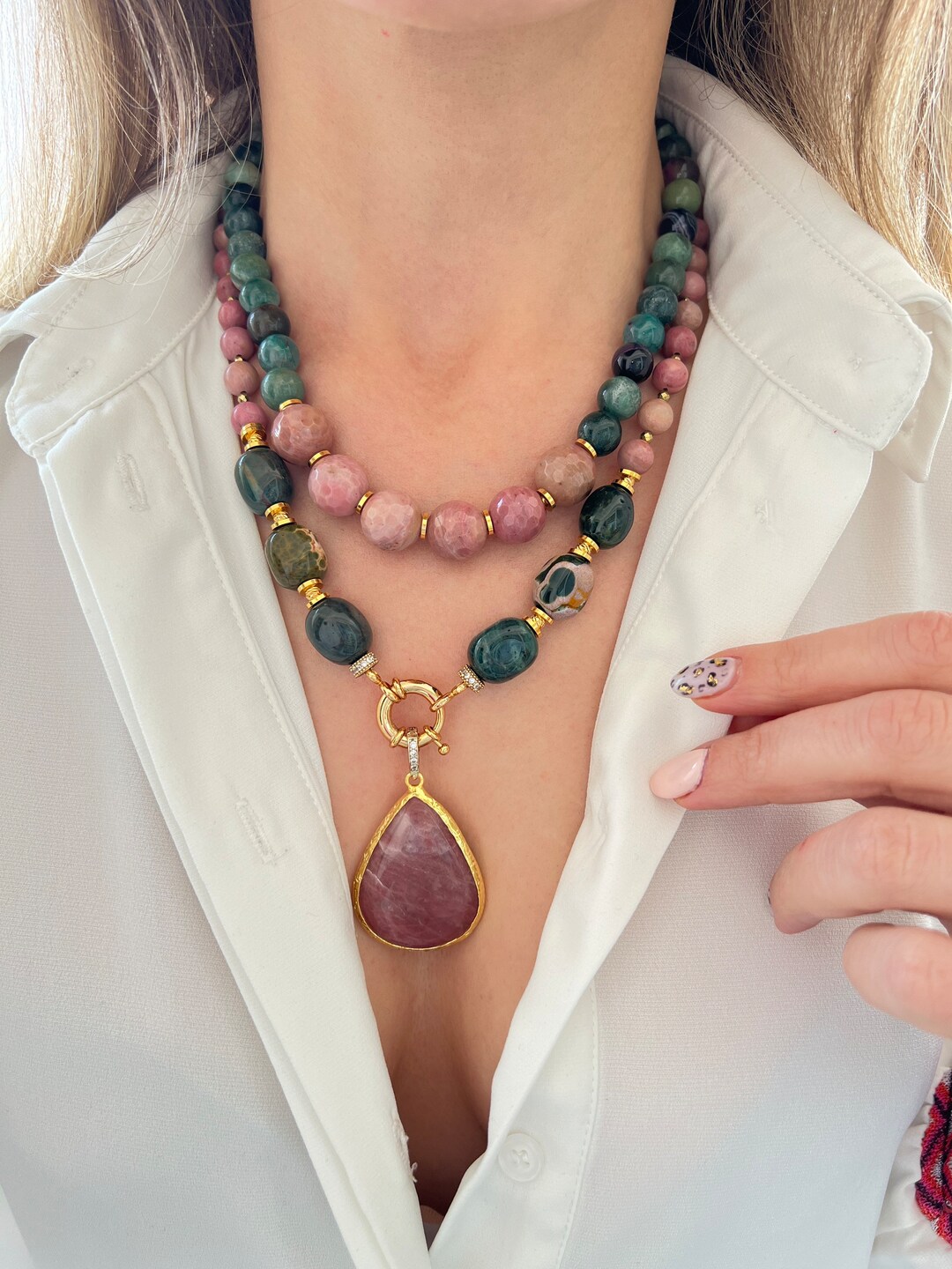 Rhodonite and Brush Horn Necklace in Pink
