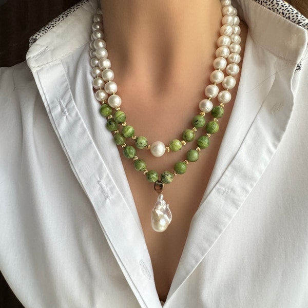 Pearl Necklace, Unique Pearl and Jade Necklace for Women, Baraque Pearl Jewelry, Green Gemstone Necklace, Christmas Gift for Her