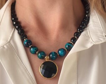 Onyx Choker Necklace : Big Bold Blue Tigers Eye Statement Jewelry, Handmade Christmas Gift, Unique Birthday Present