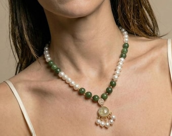 Jade Necklace, Natural Pearl Layered Choker, Handmade Beaded Statement Pendant Jewelry, Green Gemstone Gift