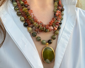 Green Garnet Raw Crystal Pendant Necklace, Multi strand Gemstone Jewelry, Handmade Statement Necklace for Women, Birthday Gift