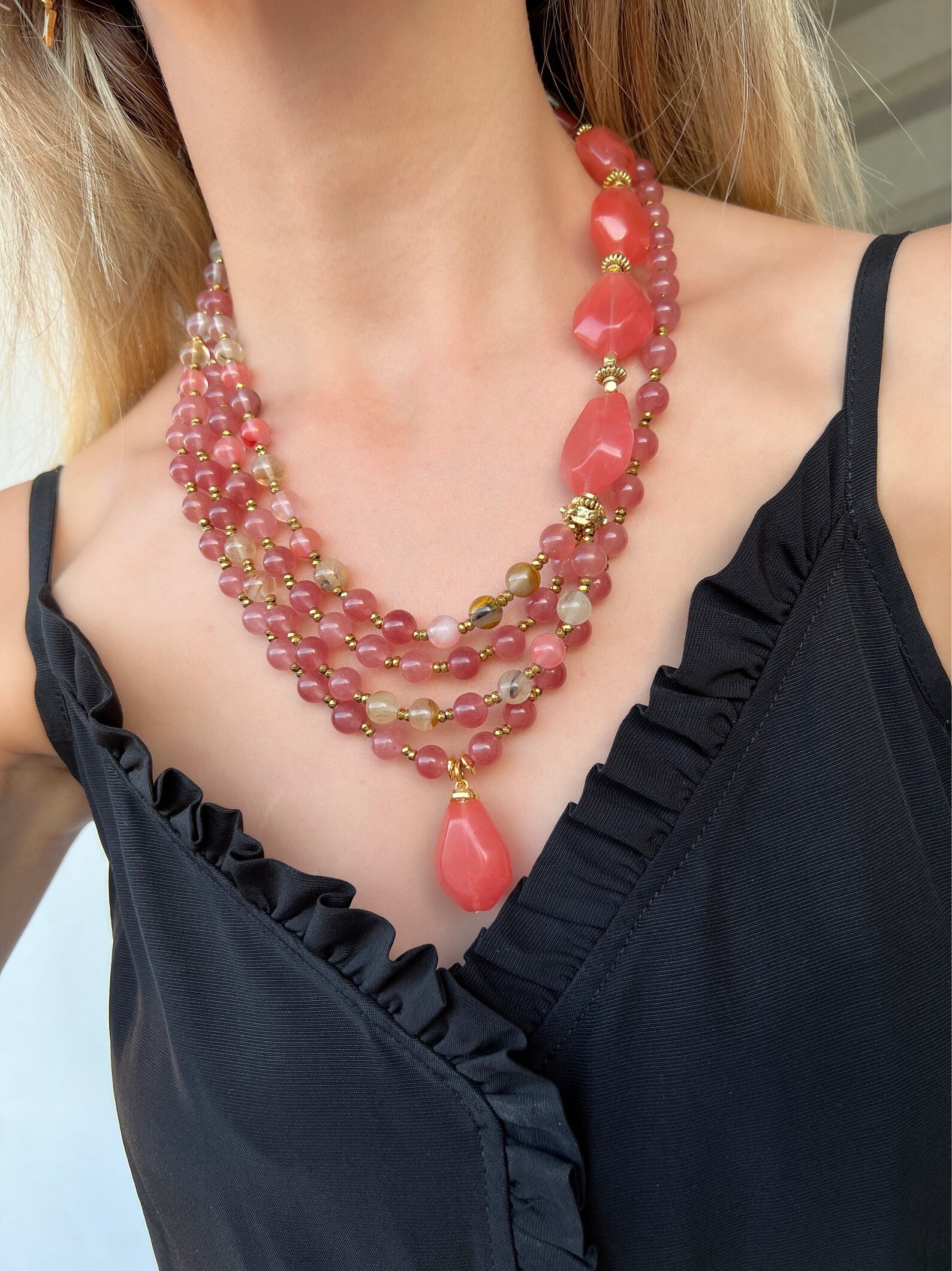 Strawberry Quartz Necklace Multistrand Pink Gemstone Jewelry Etsy