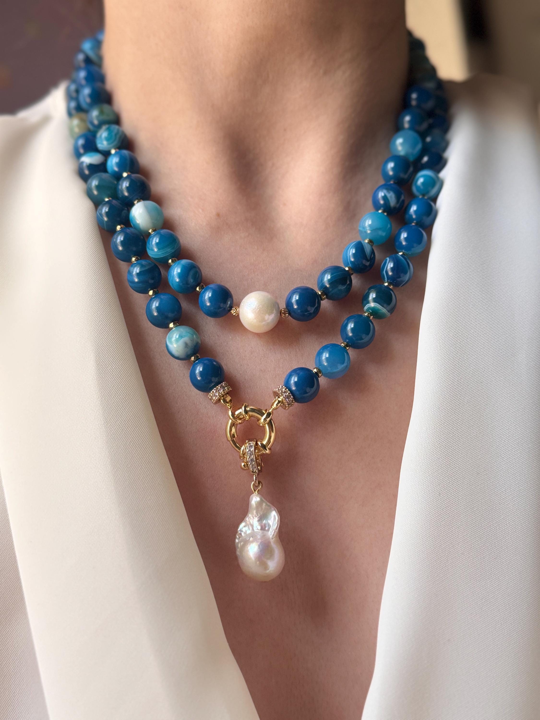 Blue Agate and Pearl Necklace: Handmade Gemstone Baroque Pearl