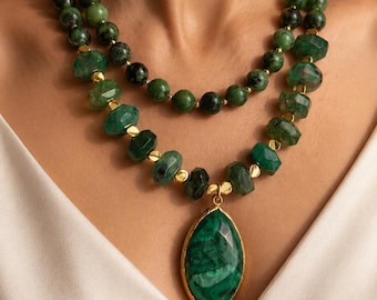 Malachite Pendant Necklace with Green Agate Beads, Chunky Statement Summer Jewelry, Handmade Gemstone Jewelry Gift