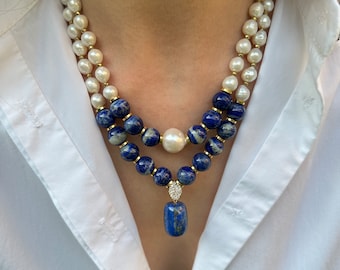 Lapis Lazuli ketting, parel en edelsteen sieraden voor verjaardagscadeau, uniek jubileumcadeau, handgemaakte donkerblauwe statement ketting