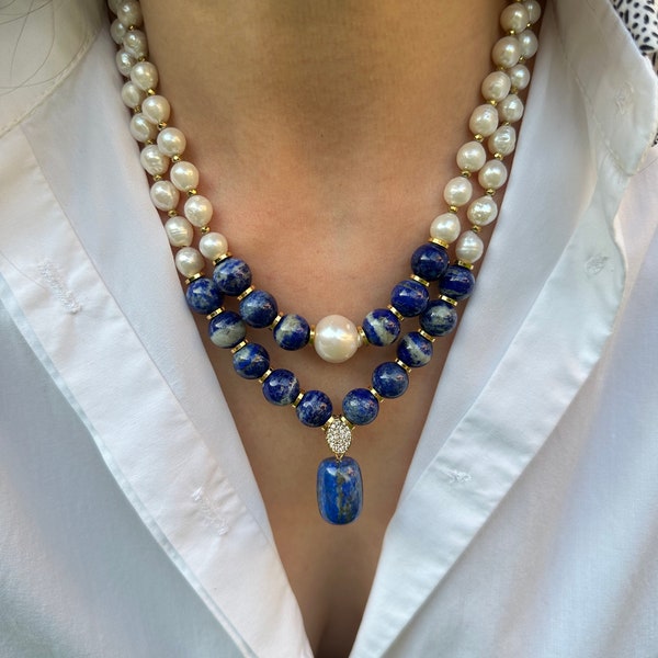 Collier en lapis lazuli, bijoux en perles et pierres précieuses pour cadeau d'anniversaire, cadeau d'anniversaire unique, collier tendance bleu foncé fait main