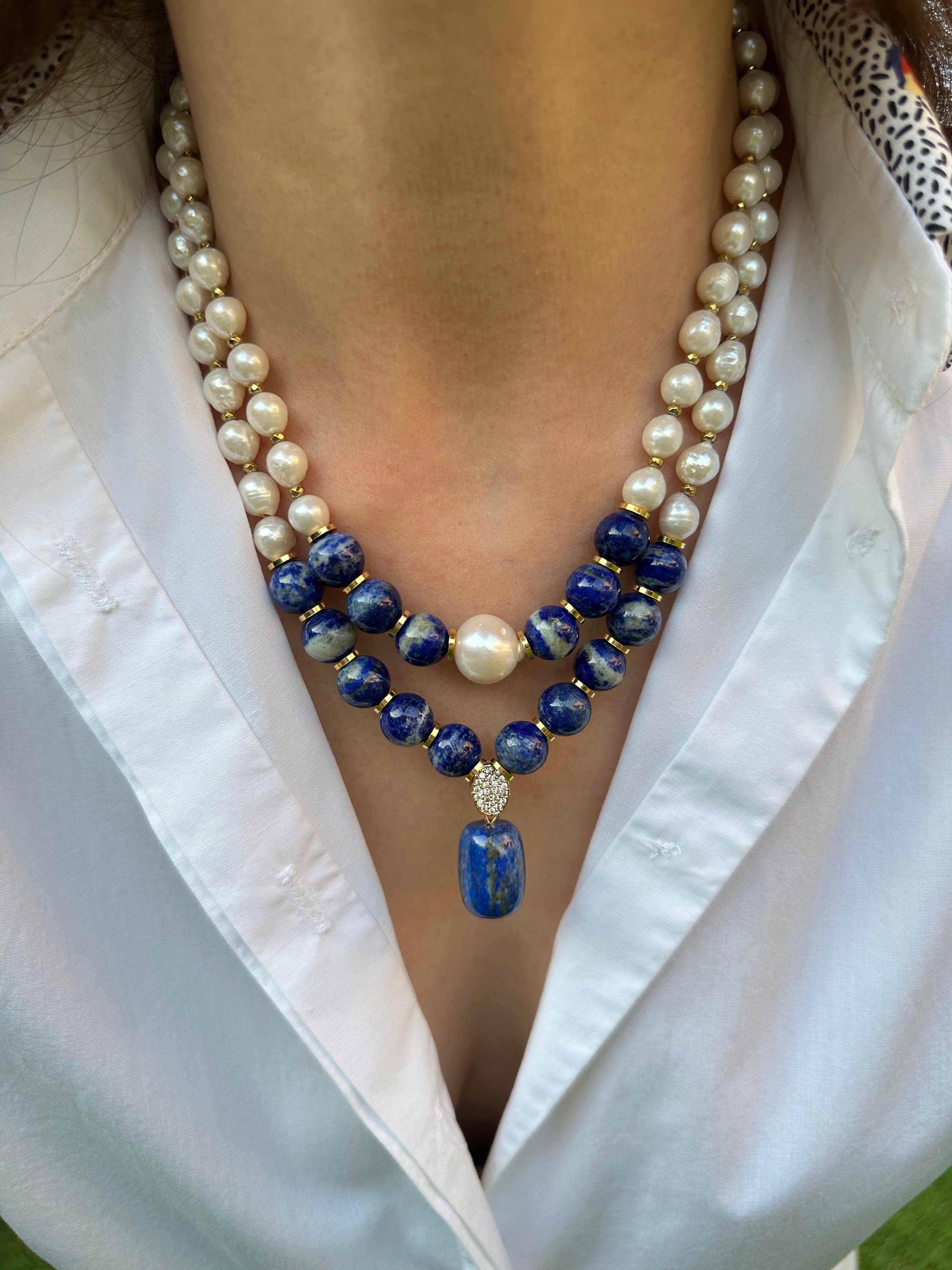 Lapis Lazuli Necklace, Pearl and Gemstone Jewelry for Birthday