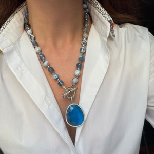 Agate Necklace, Big Bold Statement Jewelry, Blue Gemstone Necklace for Women, Unique Gift for Her, Handmade Design