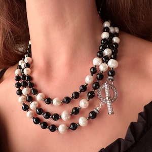 Onyx and Pearl Necklace, Multistrand Chic Handmade Necklace, Gemstone Jewelry for Women, Black White Beaded Necklace, T Lock Necklace