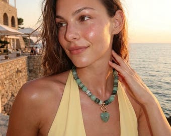Collar de aventurina con dije de corazón, gargantilla gruesa hecha a mano para mujer, joyería de verano con piedras preciosas verdes.