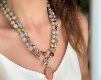 Collar de ágata, joyería multihebra de ágata azul y piedra solar, collar de piedras preciosas hecho a mano para regalo de cumpleaños, regalo de Navidad