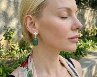 Pendientes grandes de perla con piedras preciosas, joyería llamativa de aventurina y perla, pendientes colgantes de perla, regalo para madres.