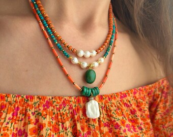 Collar de coral turquesa: joyería multihebra de piedras preciosas para mujer, elegante regalo de cumpleaños o aniversario.