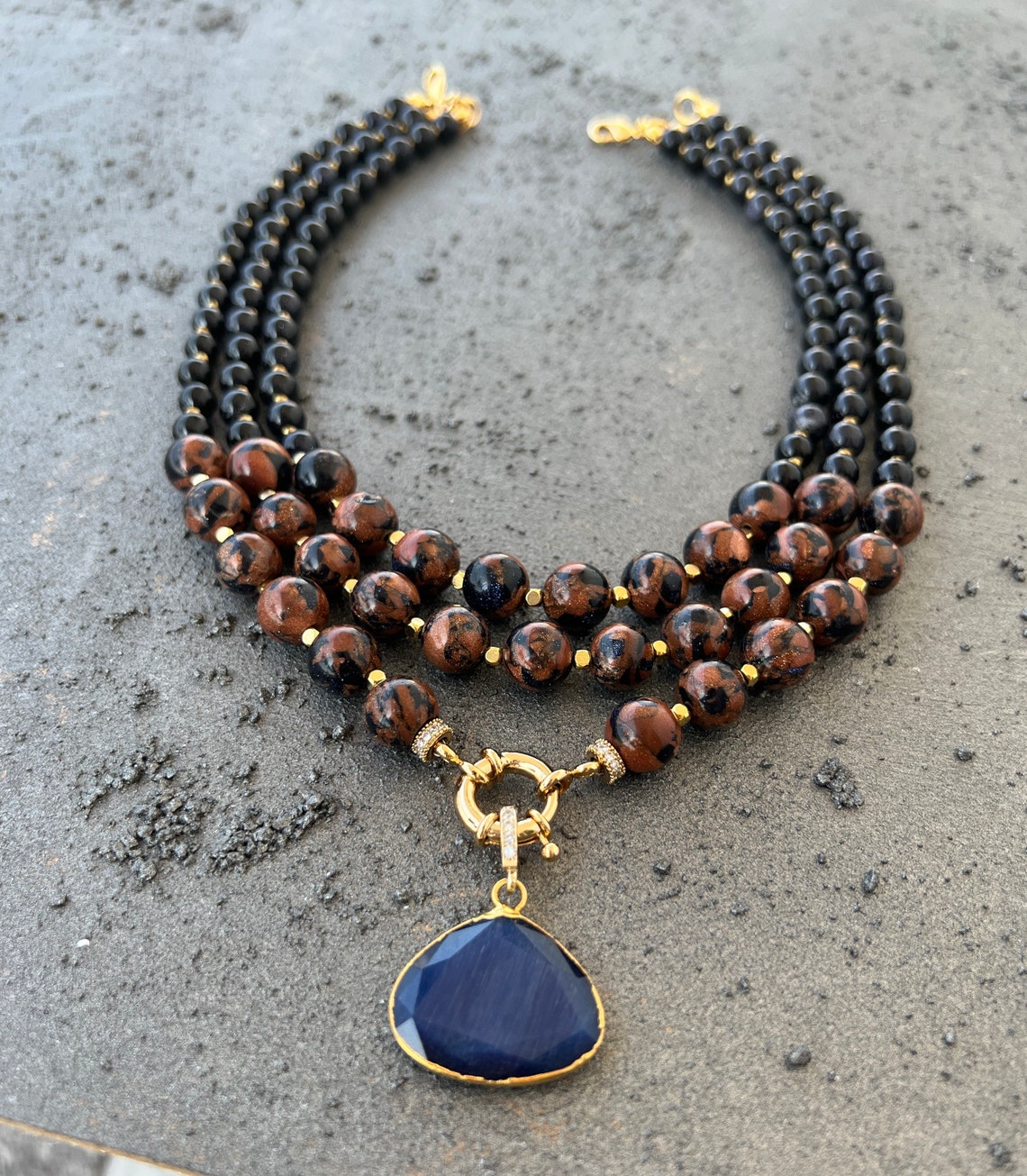 Beaded Sand Stone Necklace Dark Blue and Brown Sand Stone Etsy