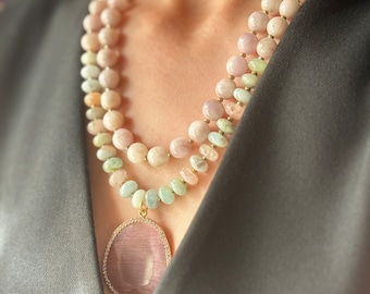 Natural Stone Necklace: Handmade Kunzite Jewelry, Big Bold Statement Charm Jewelry for Her, Christmas Gifts