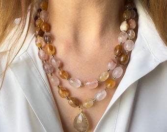 Natural Agate Necklace - Layered Natural Stone Beaded Choker with Quartz Pendant, Handmade Gemstone Jewelry Gift for Her