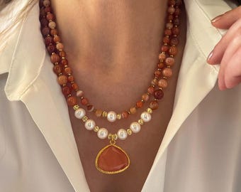 Collar de ágata naranja: joyería de perlas naturales, gargantilla de capas hecha a mano, collar de cuentas, regalo de Navidad o aniversario.