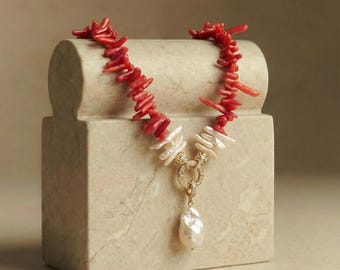 Red Coral Necklace, Layered Baroque Pearl Jewelry, Handmade Gemstone Statement Choker, 20 inches Jewelry
