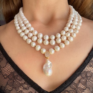 Freshwater Pearl Necklace: Beaded Hematite Stone, 17&quot; Statement Jewelry