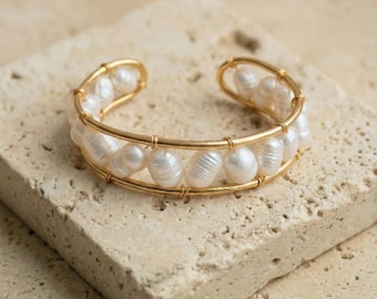Gold Plated Pearl Cuff Bracelet: Handmade Natural Pearl Adjustable Bracelet, Statement Jewelry Gift