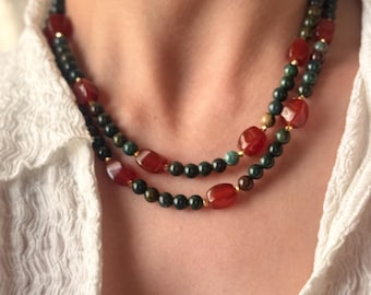 Agate Blood Stone Choker: Boho Bead Necklace, Layered Gemstone Beaded Jewelry, Dainty Natural Christmas Gifts, Unique Present