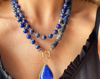 Lapis Lazuli Statement Necklace: Natural Stone Jewelry, Beaded Gemstone Pendant Necklace, Christmas Gifts, Anniversary Present
