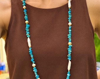 Chunky Apatite Long Necklace with Pearls, Handmade Blue Gemstone Jewelry for Women