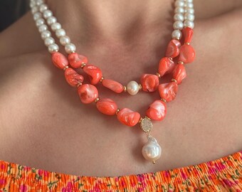 Collar de nácar con perlas de agua dulce, collar llamativo y grueso, joyería artesanal con piedras preciosas, regalo para ella.