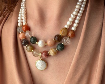 Perlenkette, Statement-Halskette, Mix Crystal Schmuck für Frauen, Mom Geburtstagsgeschenk, handgemachter Schmuck